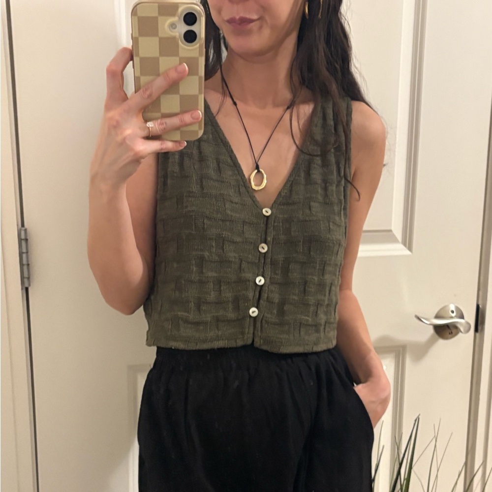 Madewell Olive Green Basketweave Stitch Vest Sleeveless Blouse